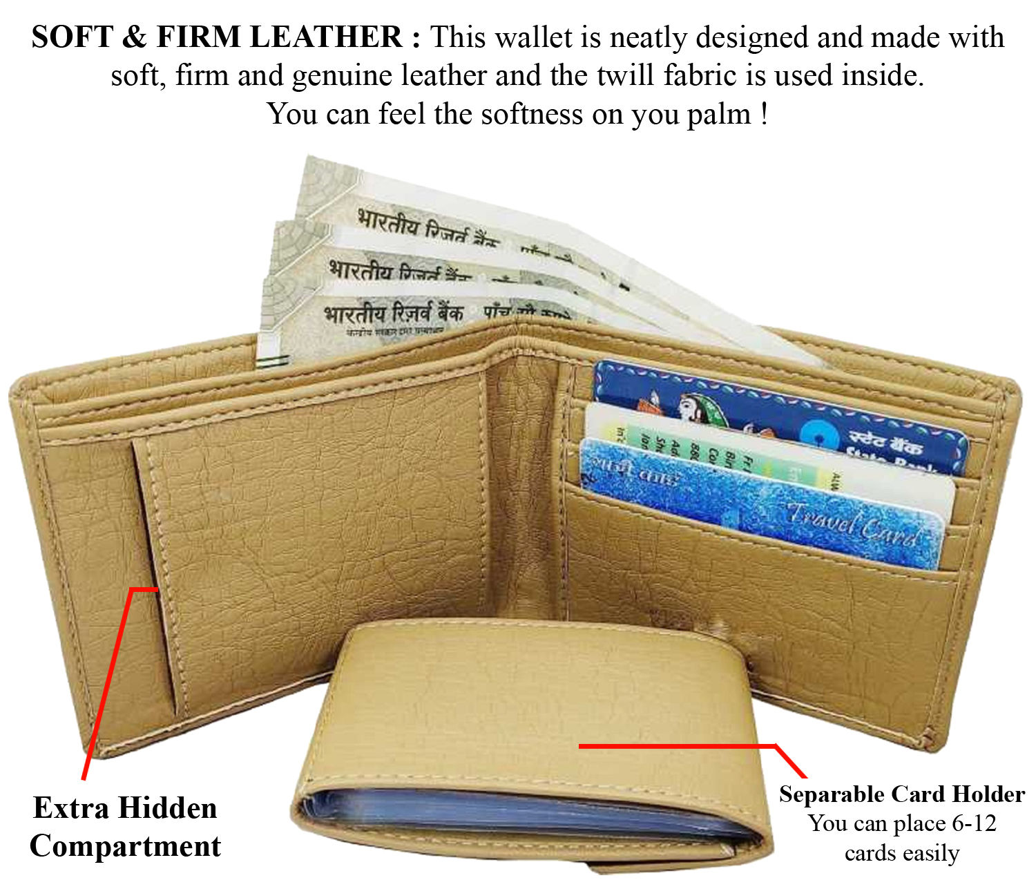 Mens Wallet PU Leather Beige Bi-Fold Gents Purse