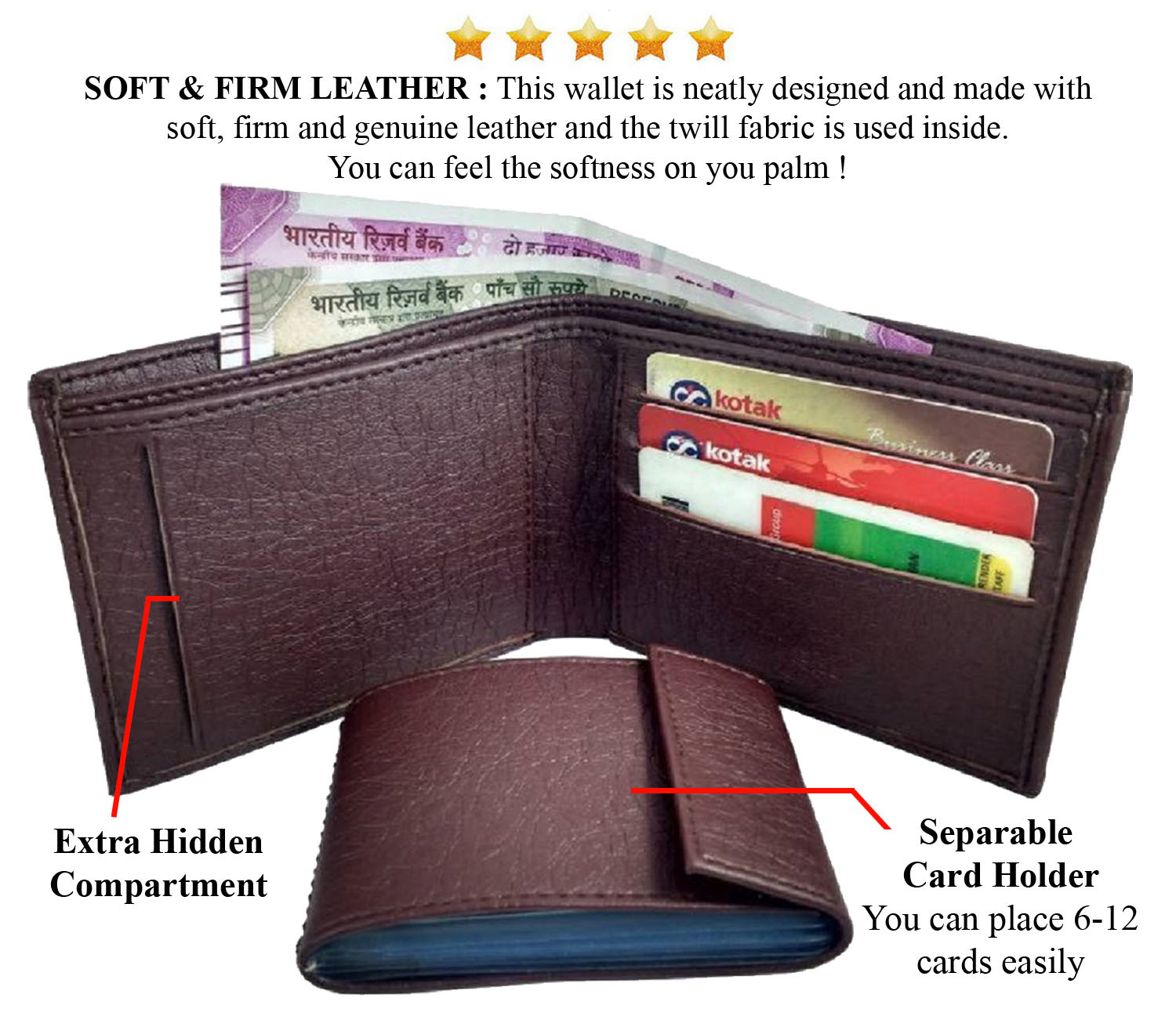 Mens Wallet PU Leather Brown Bi-Fold Gents Purse