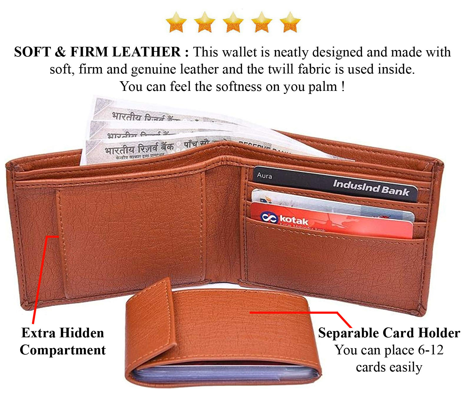 Mens Wallet PU Leather Tan Bi-Fold Gents Purse