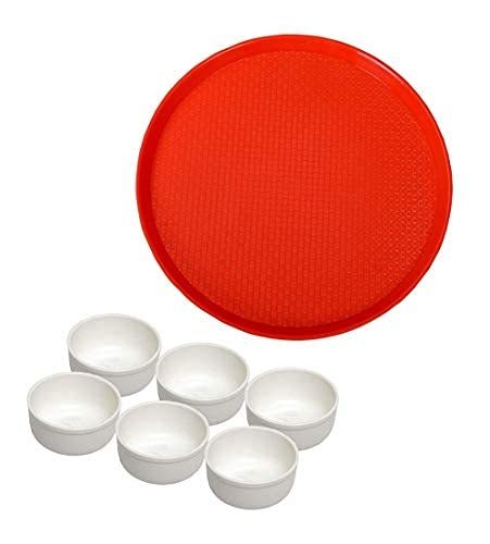 Swift International Round Plastic Serving Tray Red (35 cm) with Round Serving Bowl Acrylic Dinner Lunch Katori/Bowl, Serving Curry, Pudding Desserts (Bowl Sets of 12 - White