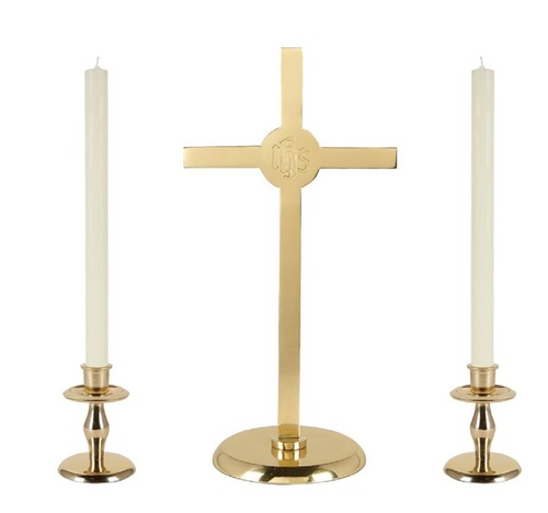 BRASS ALTAR CROSS WITH TWO CANDLE HOLDER CHURCH SUPPLIES