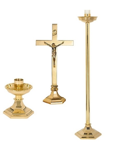 BRASS CANDLE HOLDER WITH ALTAR CROSS CRUICIFIX SET OF THREE CHURCH SUPPLIES