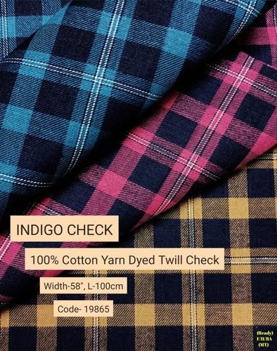Indigo Check 100% Cotton Yarn Dyed Twill Check Shirting Fabric