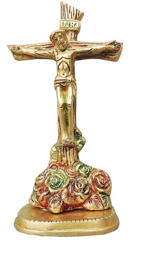 BRASS COLOURFUL ROSE ENGRAVED ALTAR CROSS CHURCH SUPPLIES