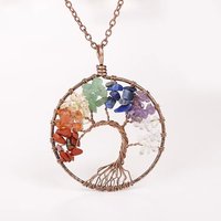 7 Chakra Tree Of Life Pendulum Necklace - 50mm Bronze Round Pendant, Natural Quartz Crystal, Unisex Jewelry For Spiritual Connection