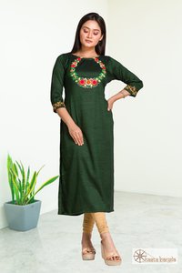 Cotton Kurti - Pure Cotton with Embroidery, Deep Green Color, Breathable and Quick Dry Features