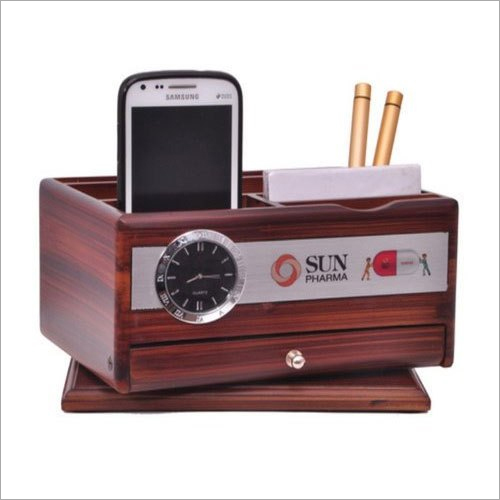 Wooden Pen And Mobile Stand - Wood Material, Rectangle Shape, Brown Color | Elegant Office Accessory for Organized Workspace