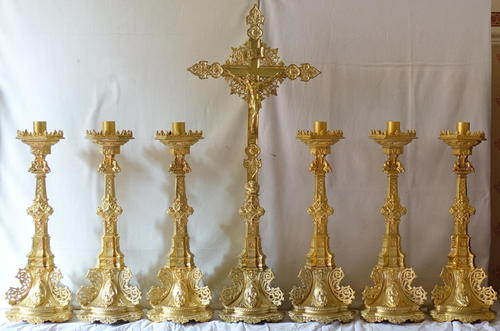 SOLID BRASS  CHURCH ALTAR CROSS AND CANDLE STICK CHURCH SUPPLIES