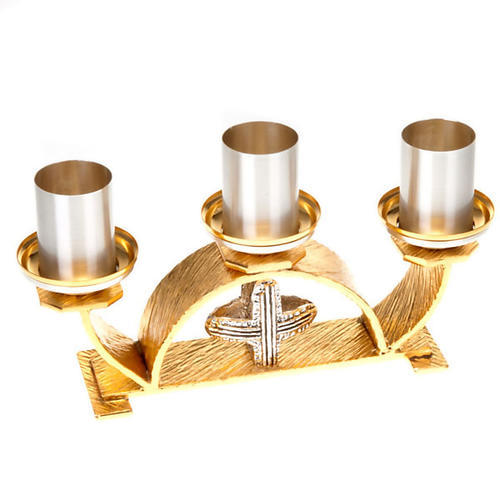 BRASS MIDDLE CROSS WITH THREE CANDLE HOLDER CHURCH SUPPLIES