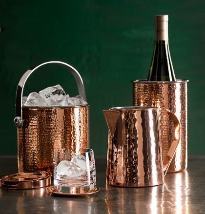 Polished Copper Hammered Design Bar Set With Coaster