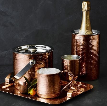 Pure Copper - Hammered Design Ice Bucket With Lid, Elegant Bar Accessory Set for Entertaining