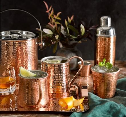 Copper Hammered Moscow Mug With Ice Bucket Bar Set