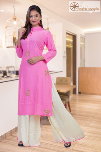 CutDana Hand Embroidery Cotton Rayon Kurti Plazo Set