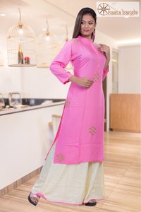 CutDana Hand Embroidery Cotton Rayon Kurti Plazo Set