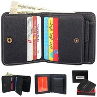 Mens Wallet PU Leather Black Bi-Fold Gents Purse - Size 10 x 9.5 x 1 inches | 2 Cash Compartments, 9 Card Slots, Snap Button Lock