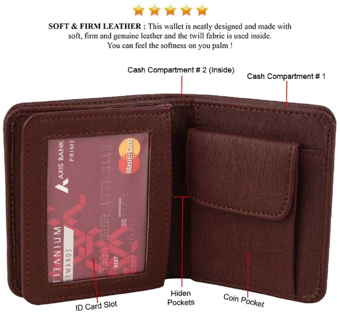 Mens Wallet PU Leather Brown Bi-Fold Gents Purse