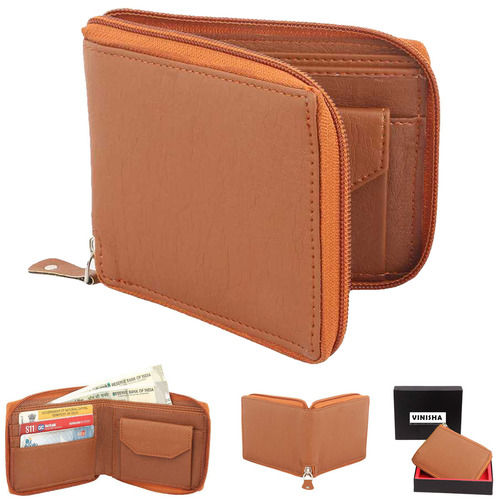 Mens Wallet Pu Leather Tan Zip Around Gents Purse Size: 11.5 X 9 X 1 Cm