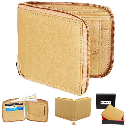 Mens Wallet PU Leather Beige Zip Around Gents Purse