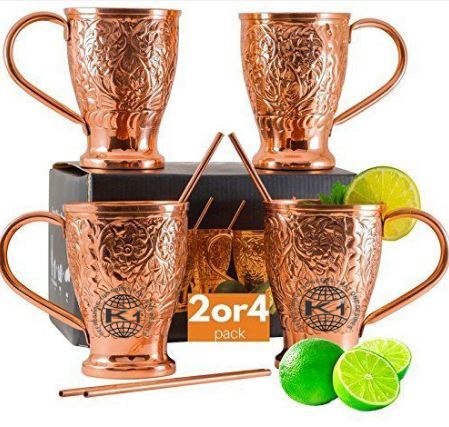 Moscow Mule Mugs Pure Copper Straw Stir Sticks Set of 4 Copper Mugs for Crisp Cocktails Juleps  Russian Mules Gift Set of 4