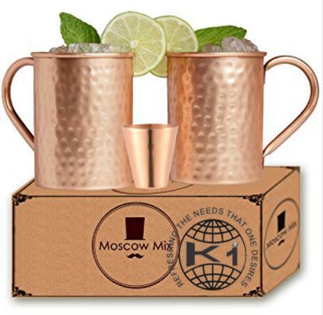 2 Copper Round Hammered Mule Mug And 1 Shot Glass In Gift  Box