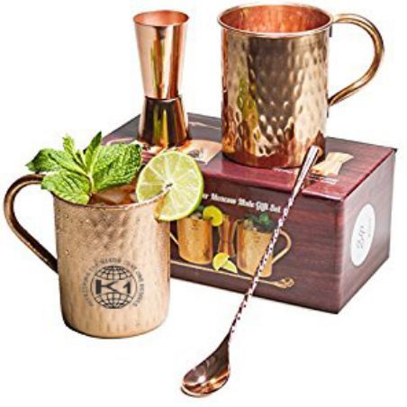 2 Copper Round Hammered Mule Mug 2 Bar Spoon And 1 Jigger In Gift Box