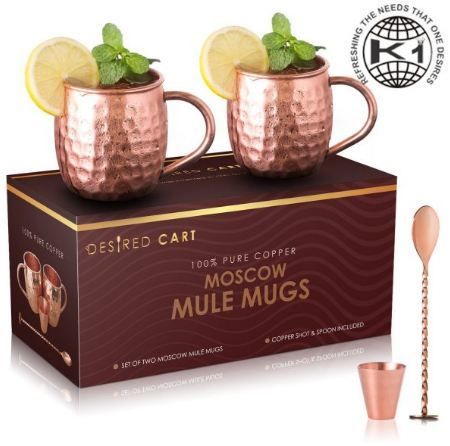 2 Copper Round Hammered Mule Mug And 1 Bar Spoon Set 1 Shot Glass In Gift Box