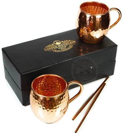 2 Copper Hammered Mule Mug And 2 Bar Straws Set In Gift Box