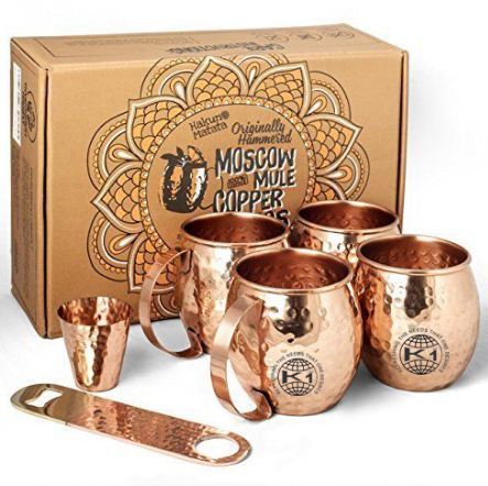 4 Copper Hammered Mule Mug 1 Shot Glass And 1 Bottle Opener In Gift Box