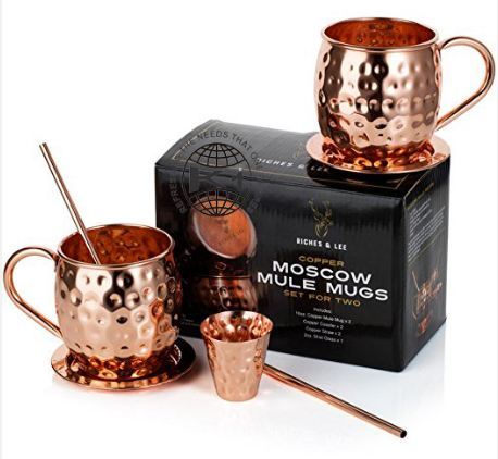 2 Copper Hammered Mule Mug And 2 Bar Straws Set And 1 Shot Glass In Gift Box