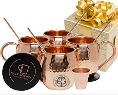 4 Copper Hammered Mule Mug And 4 Bar Straws Set 1 Shot Glass In Gift Box