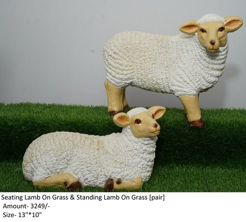 Seating and Standing Lamb On Grass