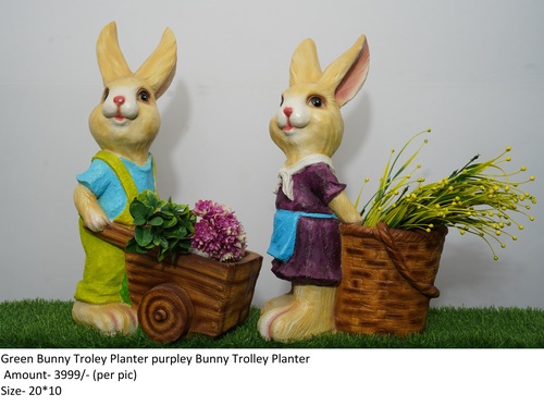 Green Bunny Trolley Planter - Resin Decorative Item , Millimeter Dimensions in Vibrant Green Color