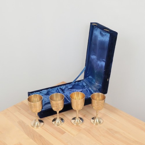 BRASS ENGRAVED CHALICE SET OF FOUR WITH VELVET BOX CHURCH SUPPLIES