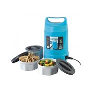 Electric Lunch Box - Stainless Steel, Portable Cylindrical Design, Blue Color, Flat Bottom For Stability, Electric Heating Functionality, 3 Containers With Screw-on Lids