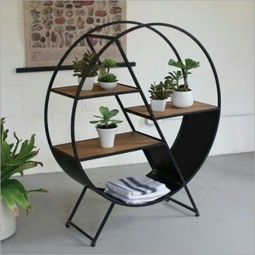 Wooden And Iron Craft Round Wall Shelf Display Rack Stand