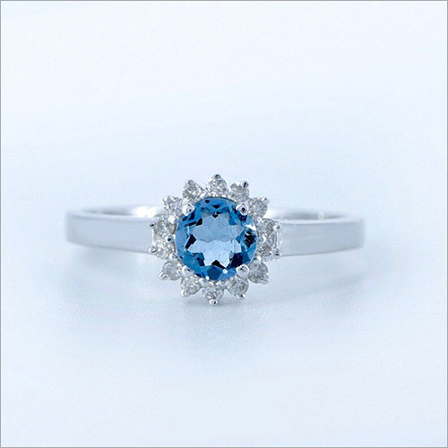 14k White Gold Ring Set With Aquamarine And Diamonds, Fine Ring By SWARNGANGA JEWELLERS