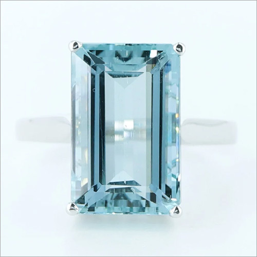 14K Solid White Gold Ring Set With Aquamarine & Diamonds