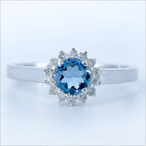14k White Gold Ring Set With Aquamarine And Diamonds