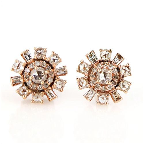 Rose Gold Studs, Baguette & Round Cut Diamond, 14k Solid Rose Gold Studs By SWARNGANGA JEWELLERS