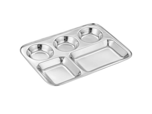 Stainless Steel Five Compartment Square Meal Plate/ Tray ( Round Katori)