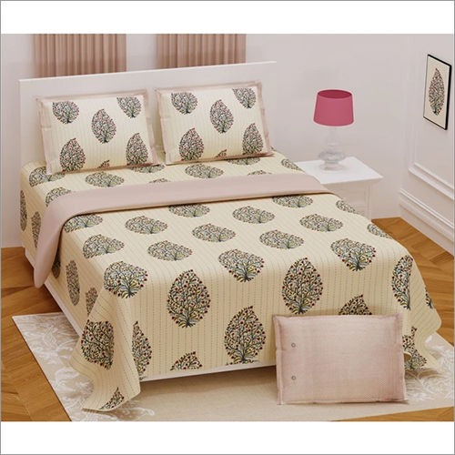 Yellow Kantha Pattern Tree Design Bedsheet With Set Of 2 Cushion Cover
