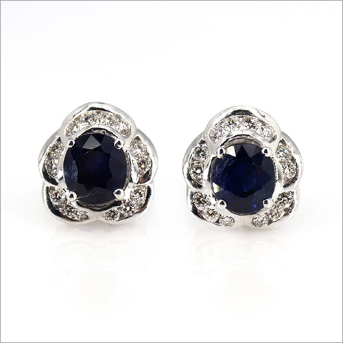 SOLID 18k Gold Natural Ceylon Blue Sapphire Stud Earrings, 18k White Gold By SWARNGANGA JEWELLERS