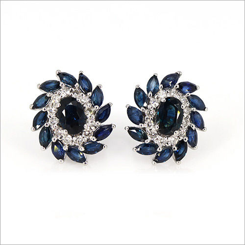 14K White Gold Sapphire Diamond Studs- Gold Earrings- CustomEarrings