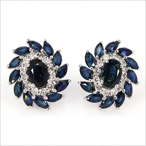 14K White Gold Sapphire Diamond Studs- Gold Earrings- CustomEarrings