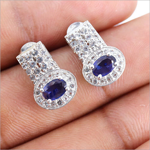 Natural Blue Sapphire Earrings, White Topaz Earrings