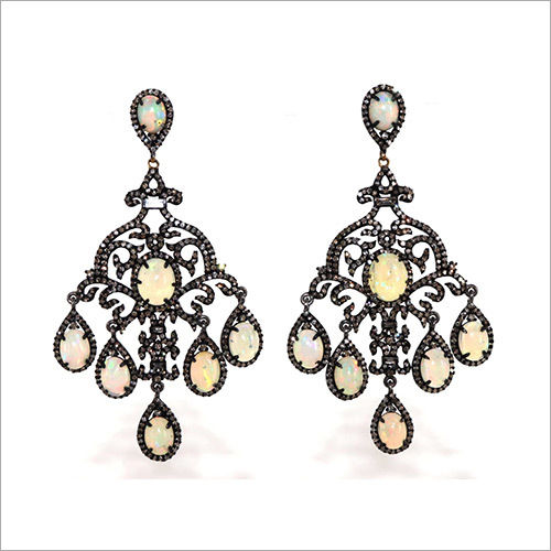 Exclusively Designed vintage replica Victorian Earrings studded with Natural opal & natural Diamonds