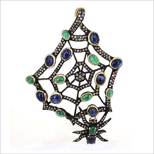 Exclusively Designed Vintage Replica Victorian Spider Net Style Pendant Set With Emerald