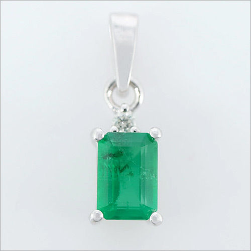 Vintage Sterling Silver Emerald Diamond Pendant, Natural Emerald Cut Pendant