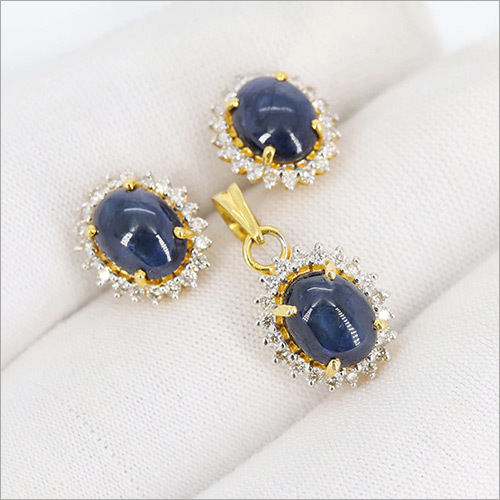 Natural Blue Star Sapphire Jewelry Set For Women, Star Sapphire & Diamond Pendant Earrings