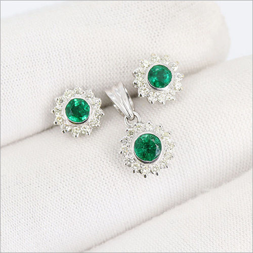 Natural Diamond Emerald Earrings & Pendant Set 18k Solid White Gold Jewelry for Women